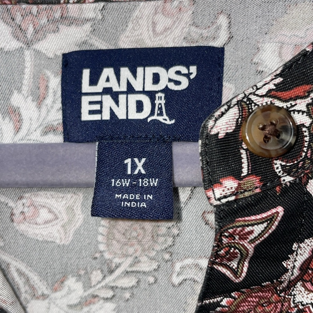 Lands’ End Women’s 1X 16W 18W Cinched Waist 1/2 Button Down Black Floral Dress - Picture 4 of 6